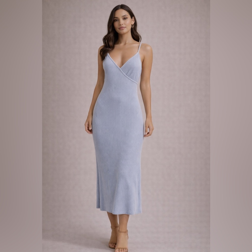 Guess Light Blue Ribbed Slip Midi Dress